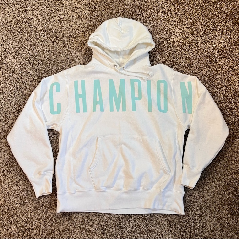 Champion Reverse Weave Men's L Mint Arch Spell-Out Logo Hoodie Pullover White